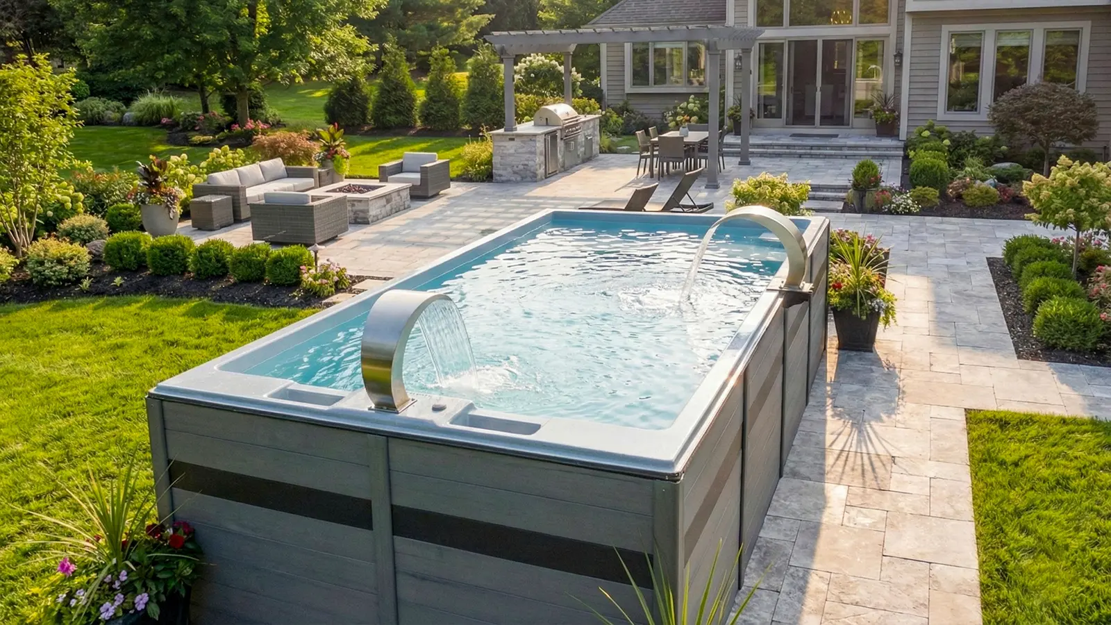 Premium fiberglass pool project by Explore Industries featuring a modern backyard design.